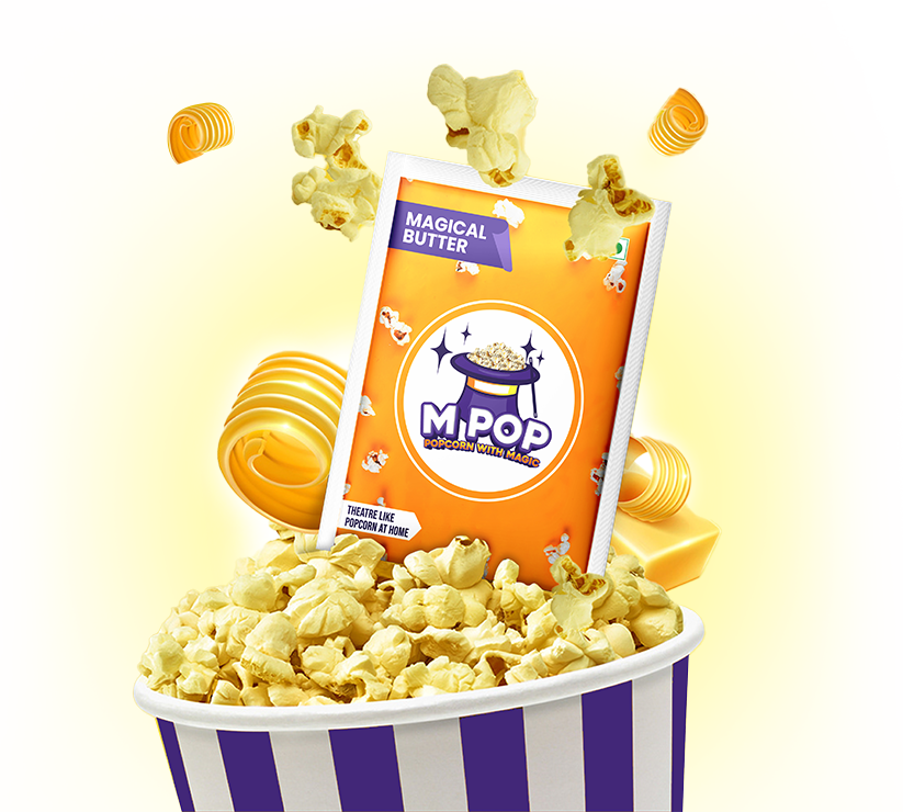 M POP - Popcorn party with overflowing striped tub and levitating Magical Butter snack pack.